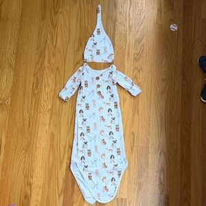 Caden Lane White Baby Gown and Hat Set with Puppy Print